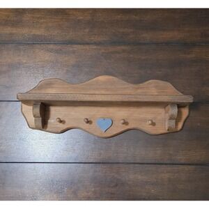 Vintage Wooden Wall Hanging Shelf With Heart 4 Pegs Heart Cut Shaped Sides